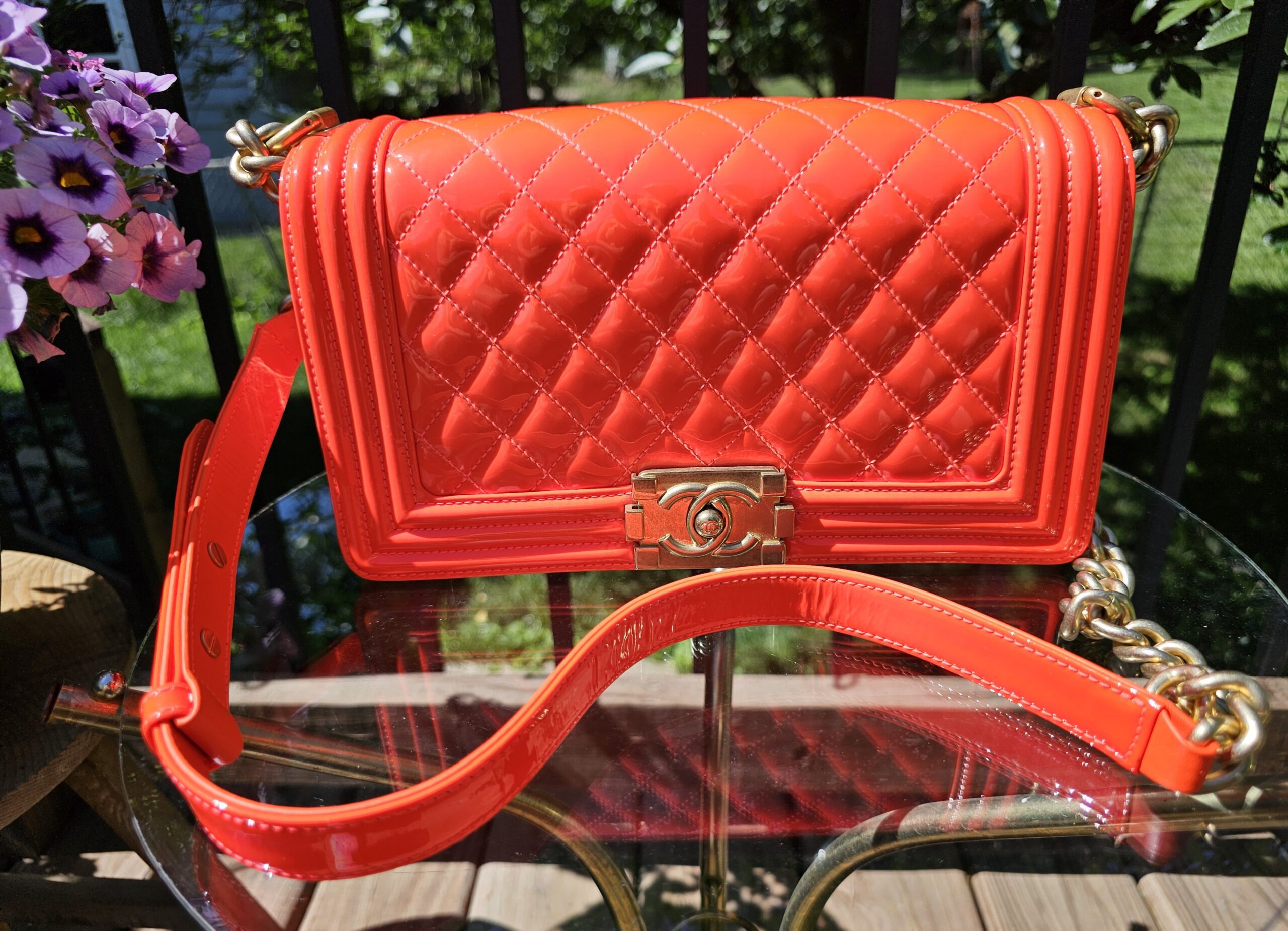Orange Fluo Quilted Patent Leather Medium Boy