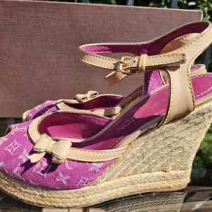 Denim Espadrille Wedges Fuschia