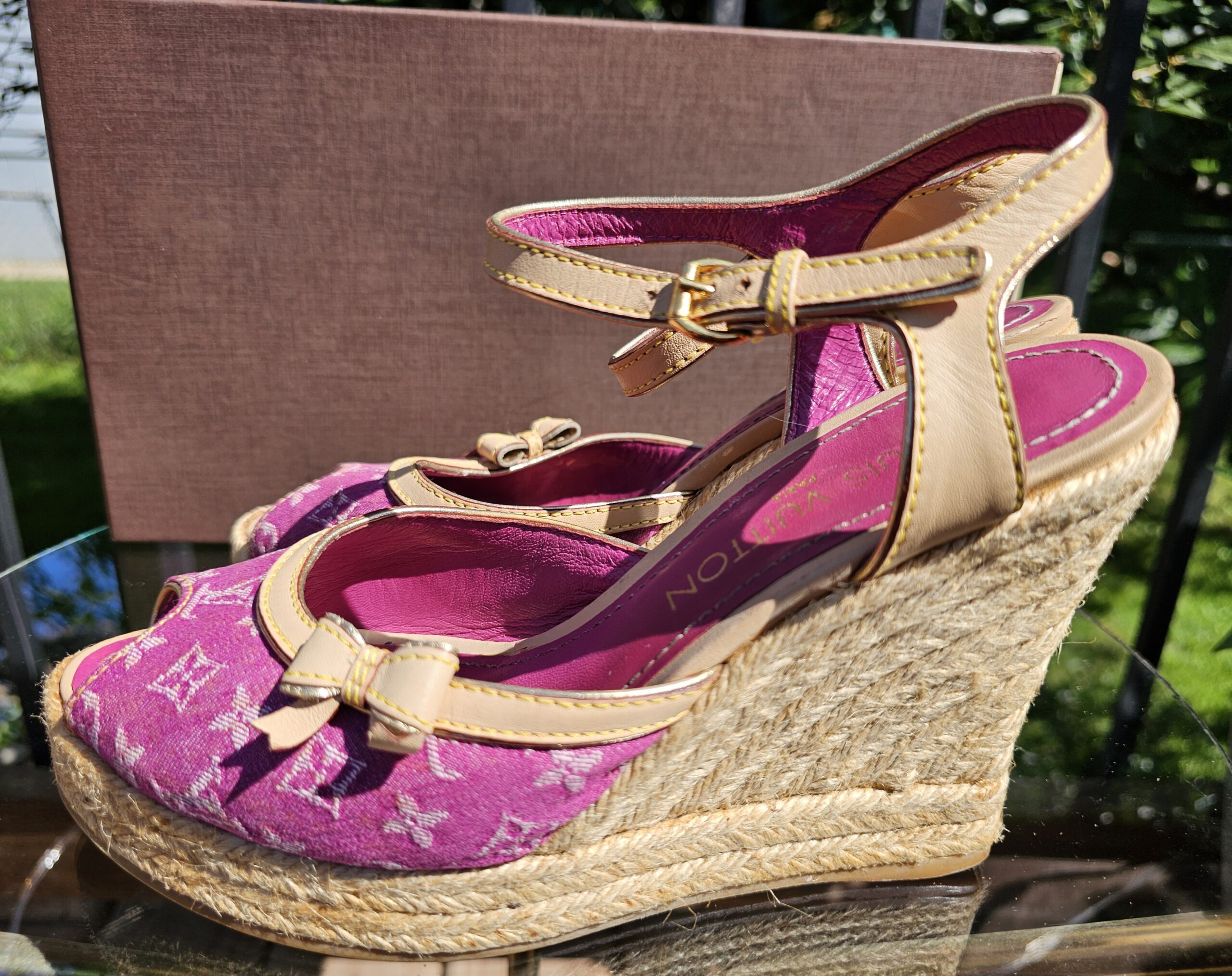 Denim Espadrille Wedges Fuschia