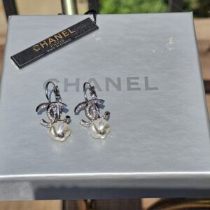 Chanel Crystal CC Baroque Pearl Swing Earrings | Gunmetal Ruthenium Finish | 2017 Collection | A17B