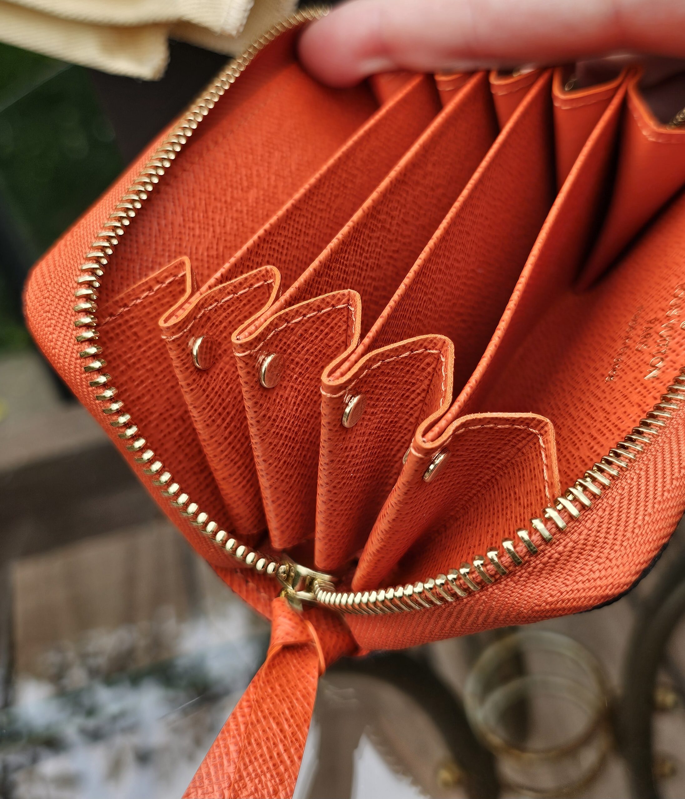 Louis Vuitton Zippy Multicartes held open showing the accordion card slots