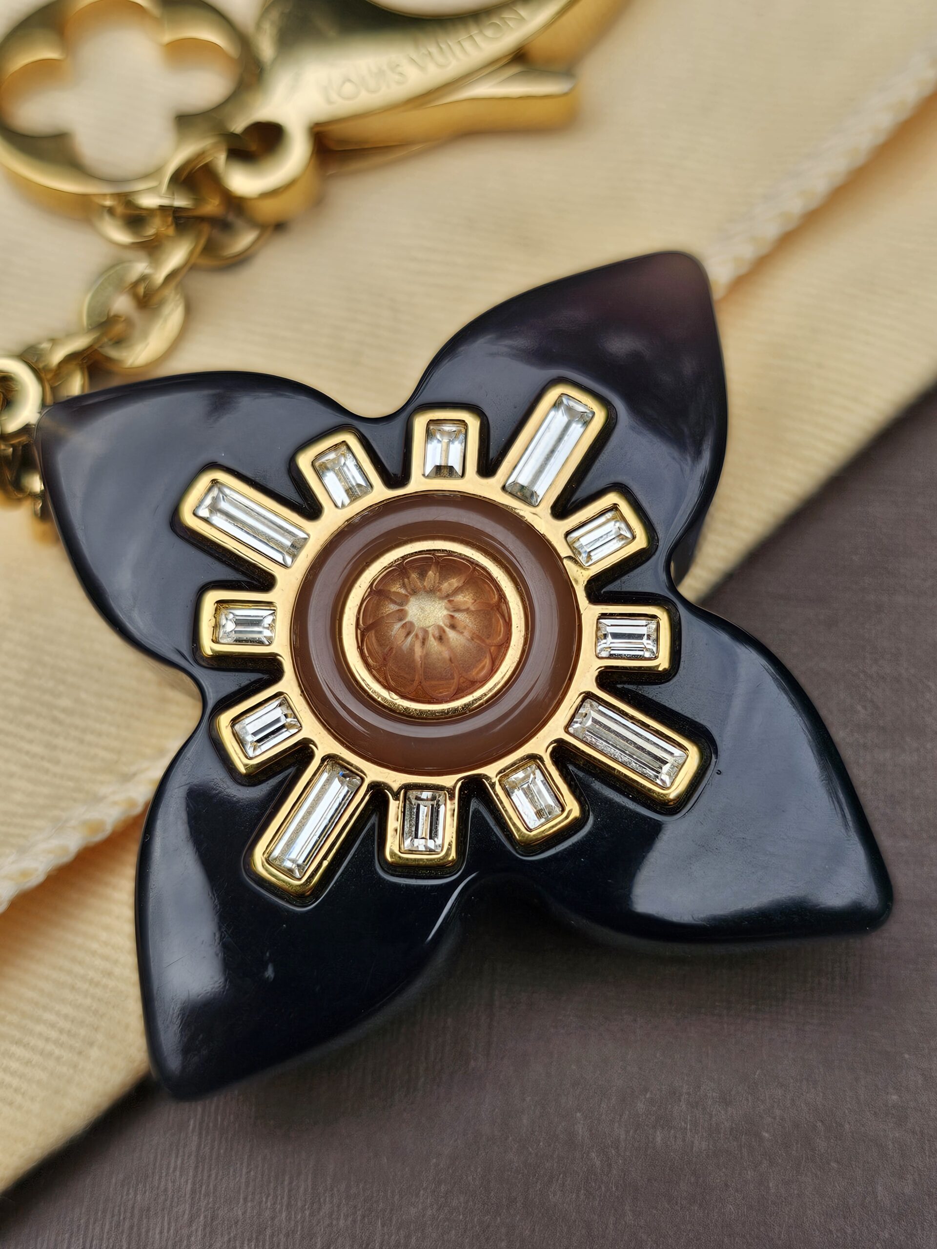 Close-up of the crystal detailing around the center of the Louis Vuitton Fleur d Etoile charm