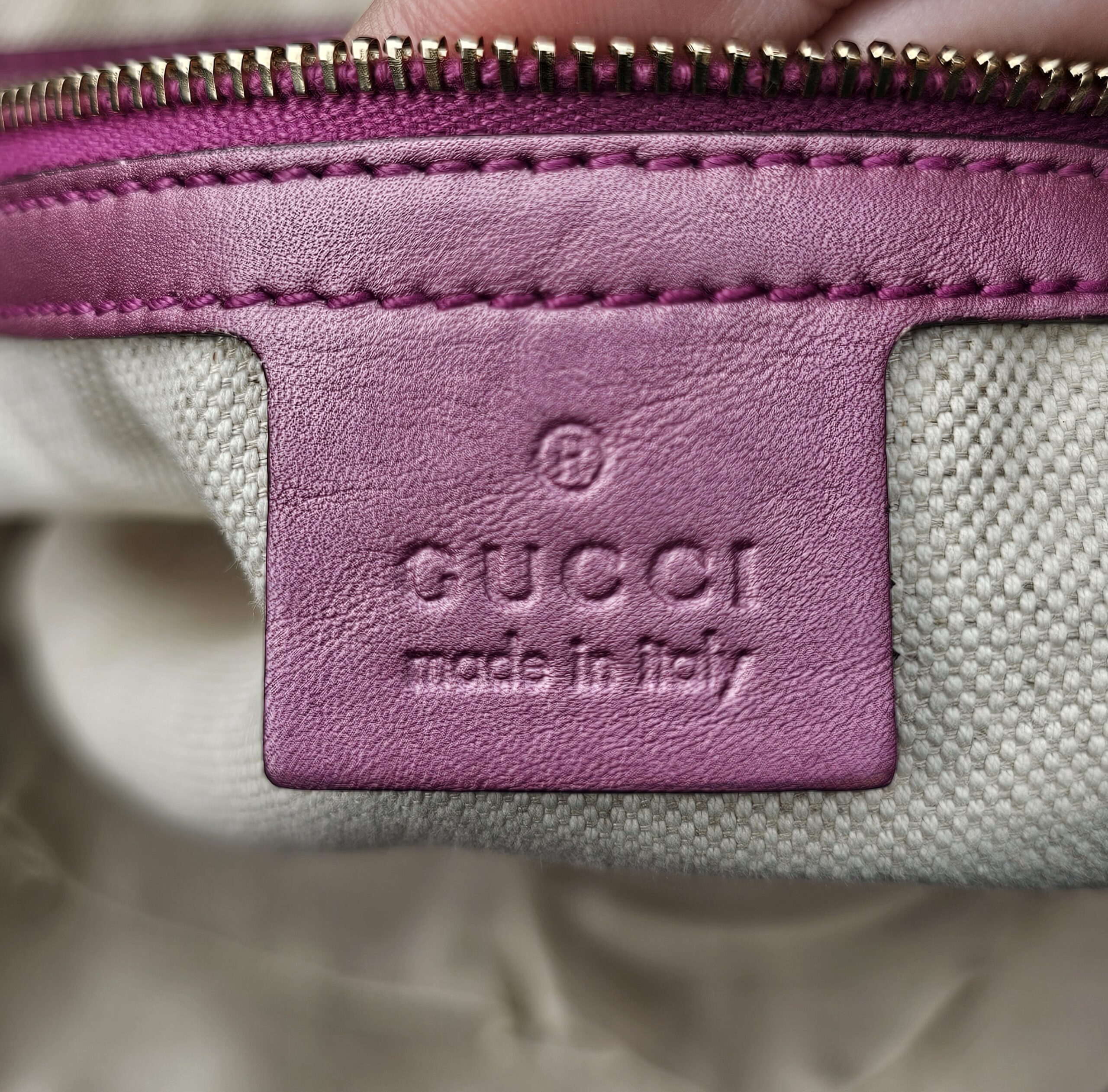 Gucci made in Italy leather tag inside the Guccissima Heart Bit tote
