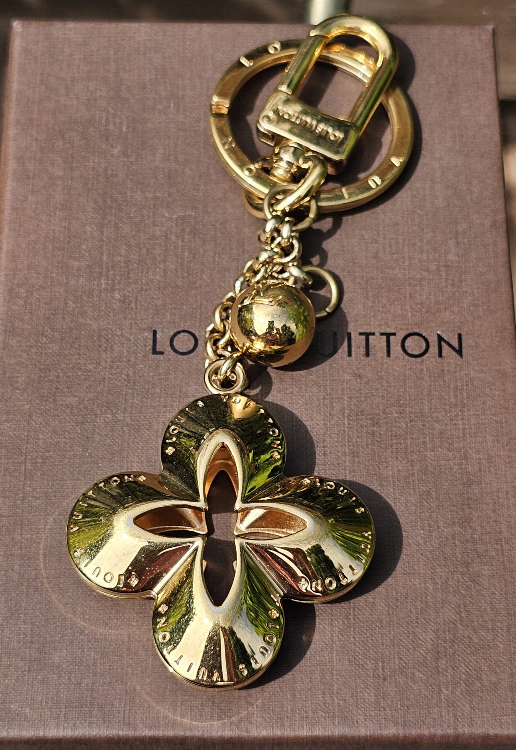 Full length of the Louis Vuitton Eclipse gold-tone key holder and bag charm showing the ring, chain and flower charm