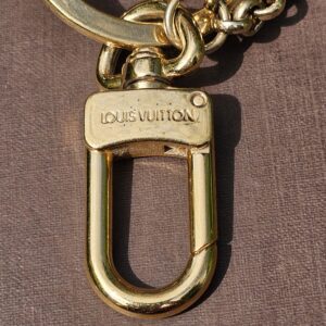 Louis Vuitton stamped on the gold-tone clasp of the Eclipse key holder and bag charm