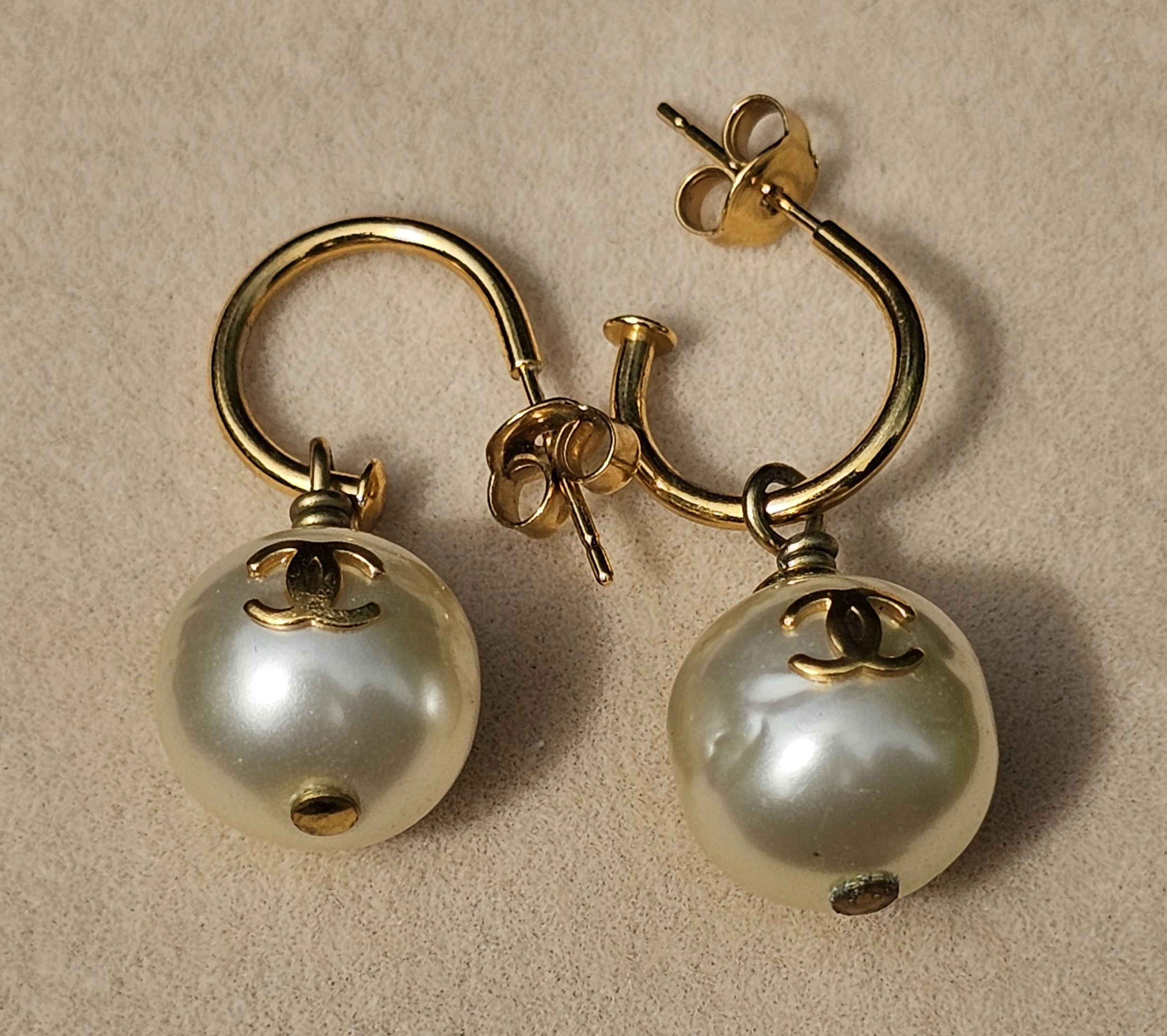 Pair of Chanel faux pearl pierced drop earrings with gold-tone hoops and butterfly backs