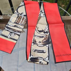 Louis Vuitton Trunks bandeau in silk with Monogram luggage illustrations in beige and brown and red end panels