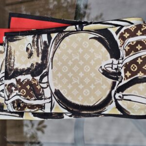 Monogram hat box and trunk illustration printed on the Louis Vuitton silk bandeau