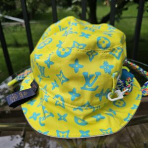 Angled view of the Louis Vuitton Virgil Abloh reversible bucket hat showing the crown and brim