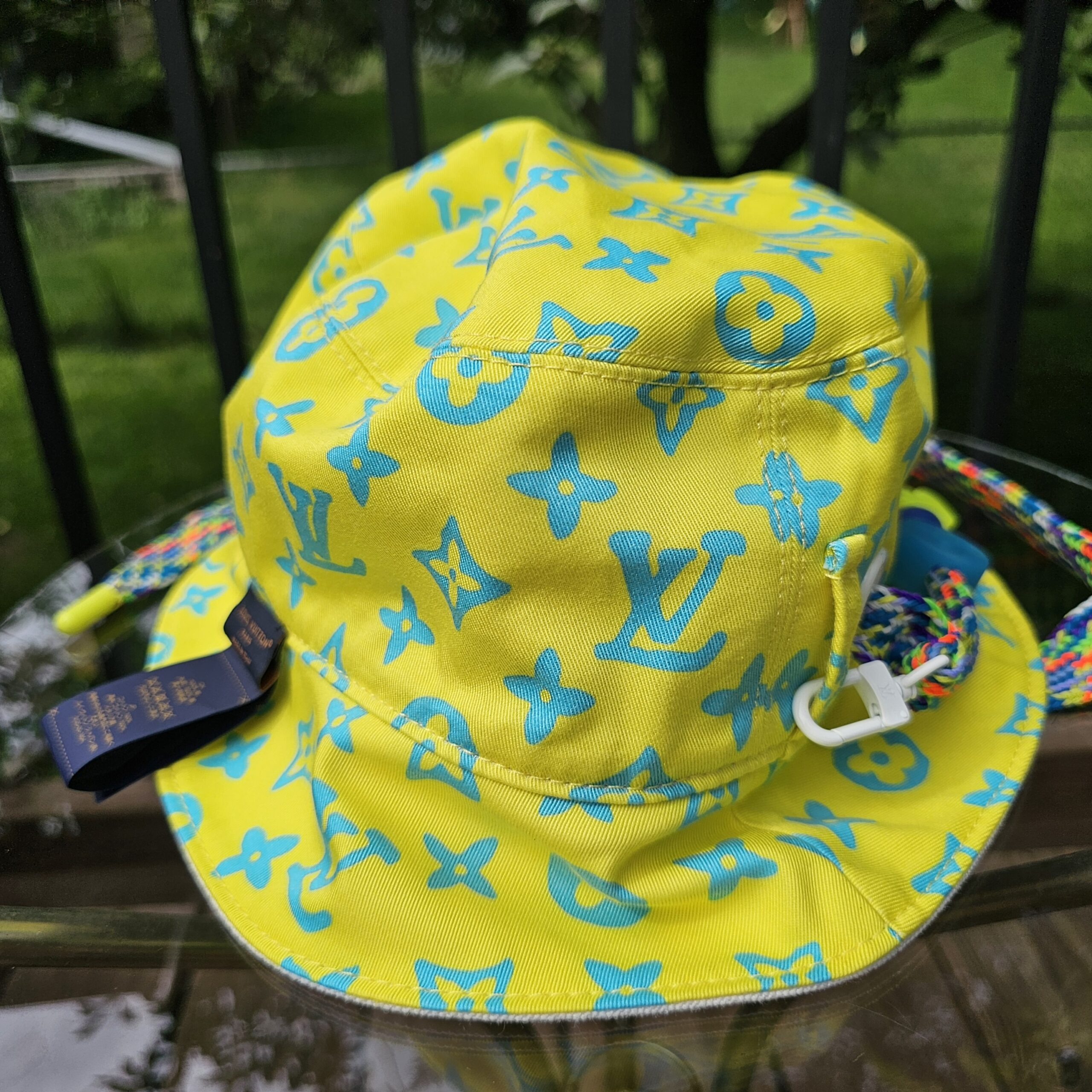 Angled view of the Louis Vuitton Virgil Abloh reversible bucket hat showing the crown and brim