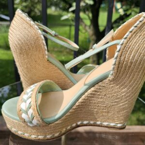 Gucci mint green espadrille wedge sandals from the side showing the approximately 4.75 inch jute wedge