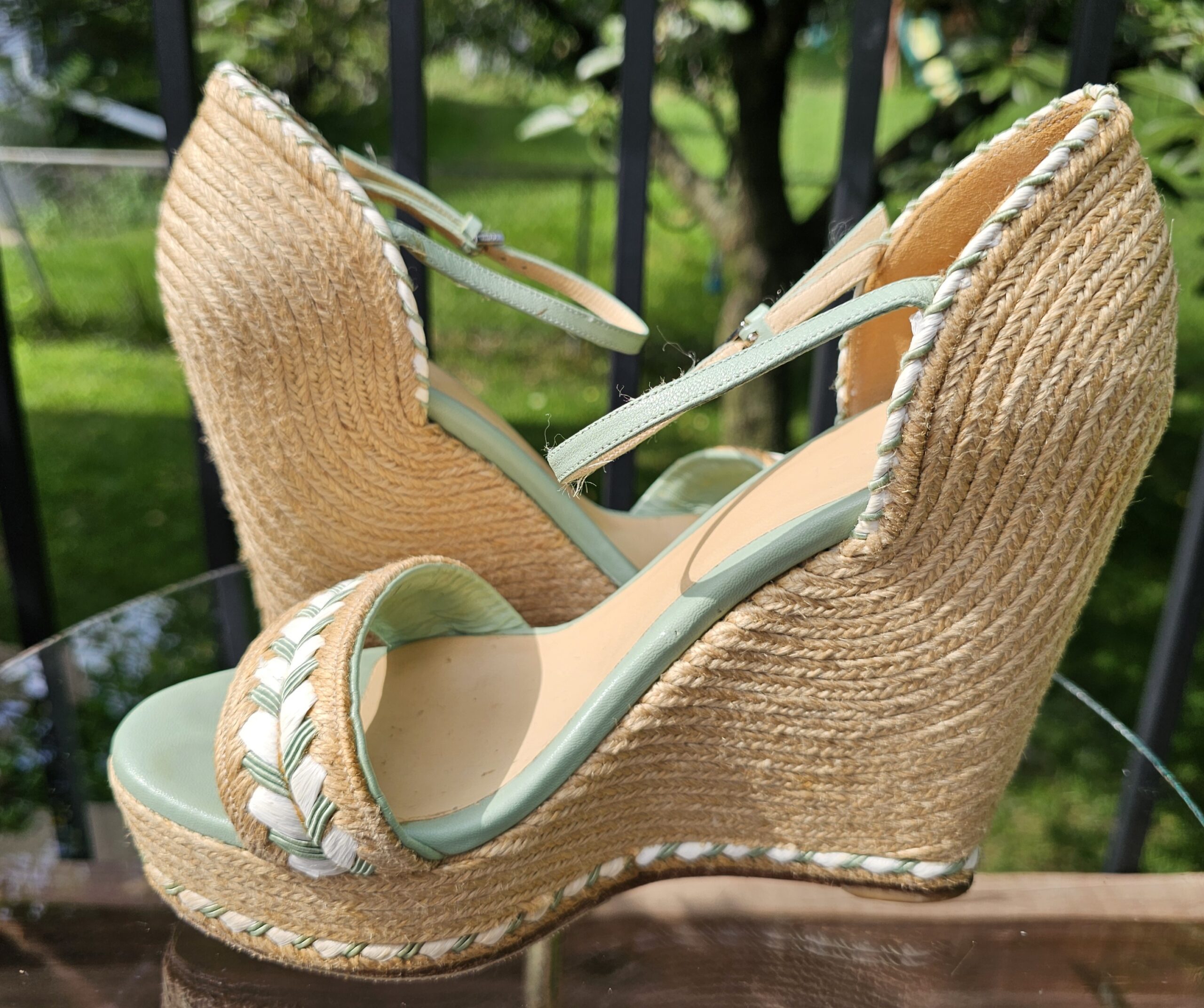 Gucci mint green espadrille wedge sandals from the side showing the approximately 4.75 inch jute wedge