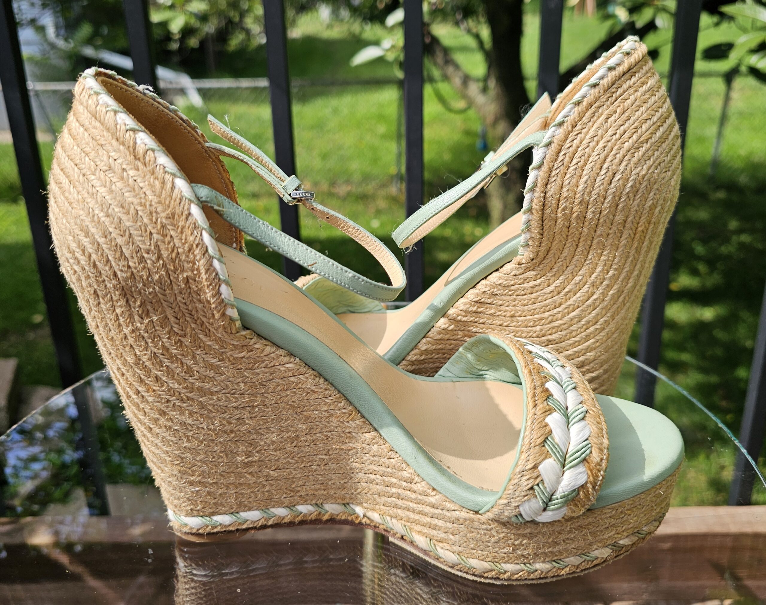 Adjustable mint green leather ankle strap on the Gucci espadrille wedge sandals