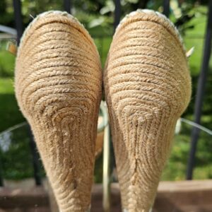 Back view of the Gucci espadrille wedge sandals showing the jute wrapped wedges