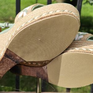 Soles and jute wedge edges of the Gucci espadrille wedge sandals showing normal wear from use