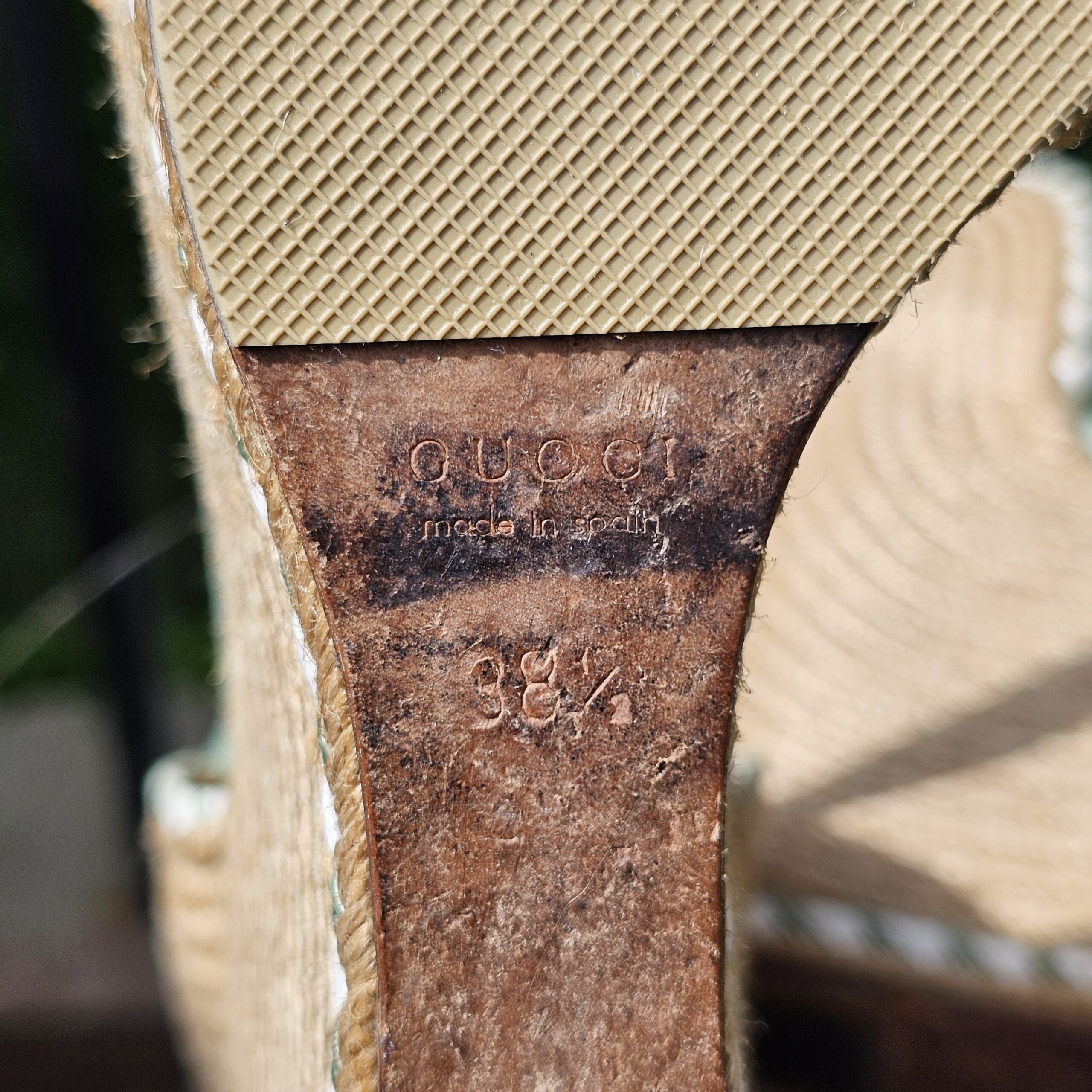 Sole of the Gucci espadrille wedge sandal stamped gucci made in Spain with size 38 and a half