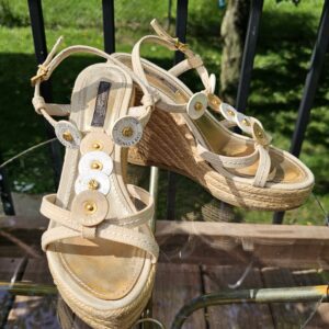Louis Vuitton Trunks and Bags espadrille wedge sandals in cream canvas with gold-tone disc embellishments