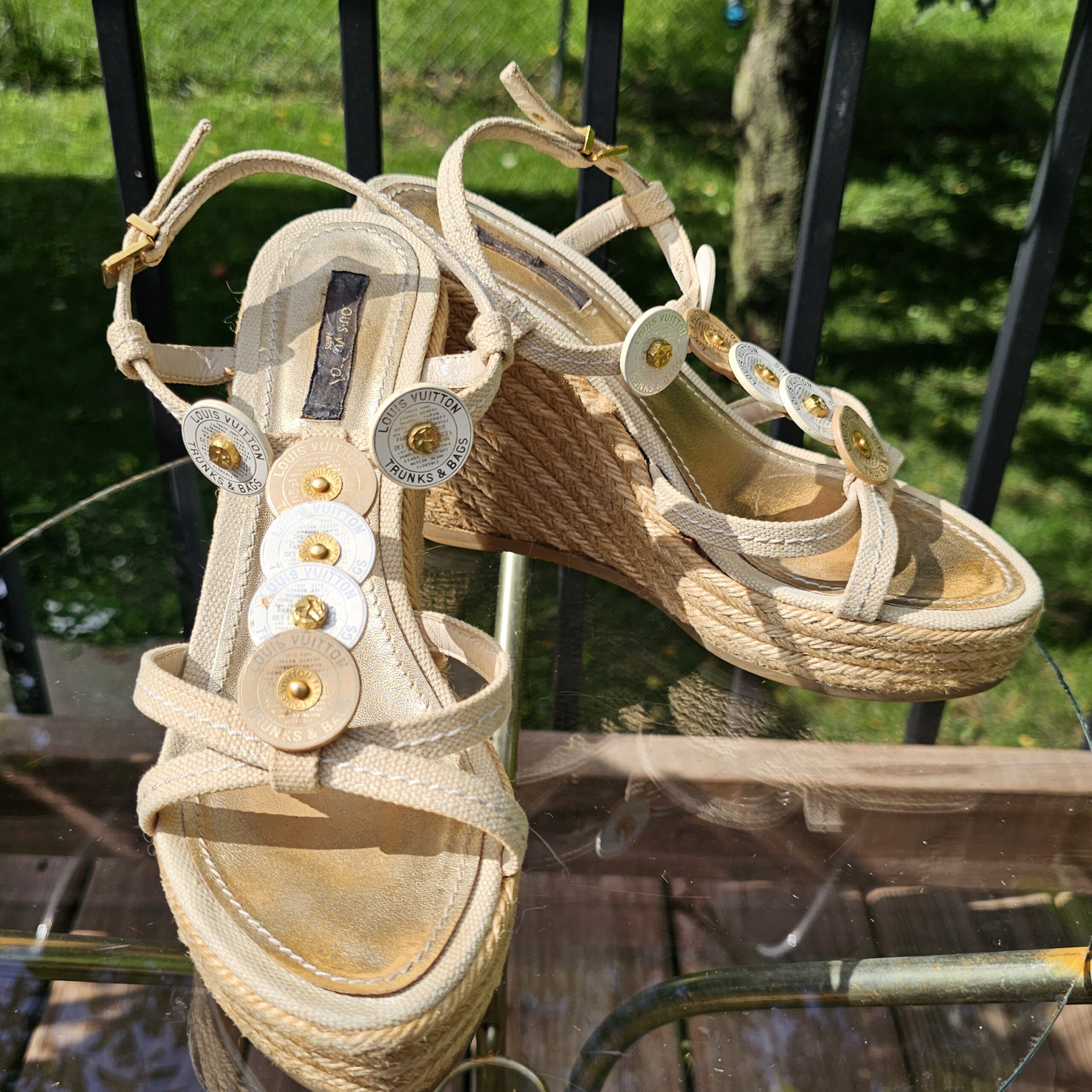 Louis Vuitton Trunks and Bags espadrille wedge sandals in cream canvas with gold-tone disc embellishments
