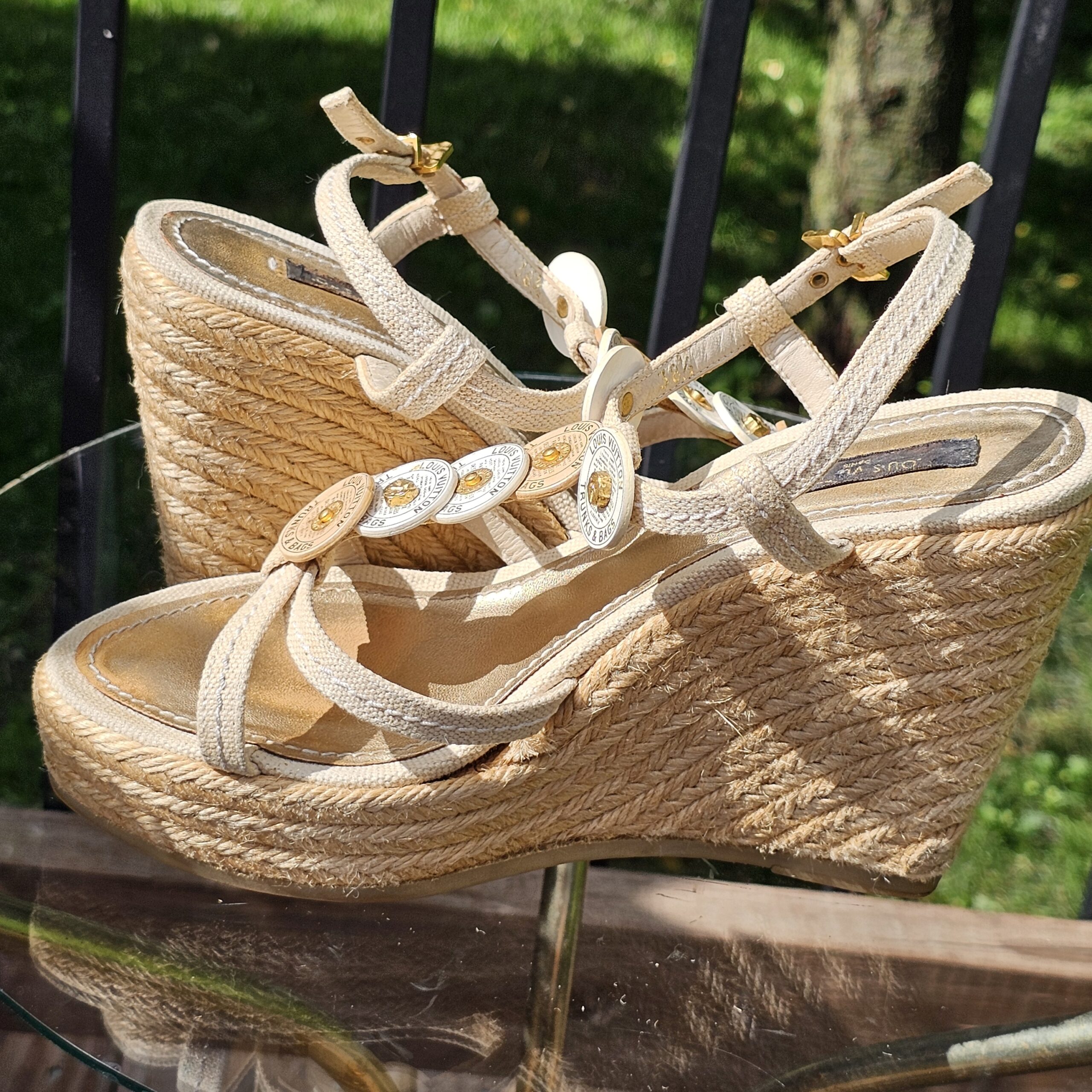 Louis Vuitton Trunks and Bags espadrille wedge sandal from the side showing the approximately 4.3 inch wedge