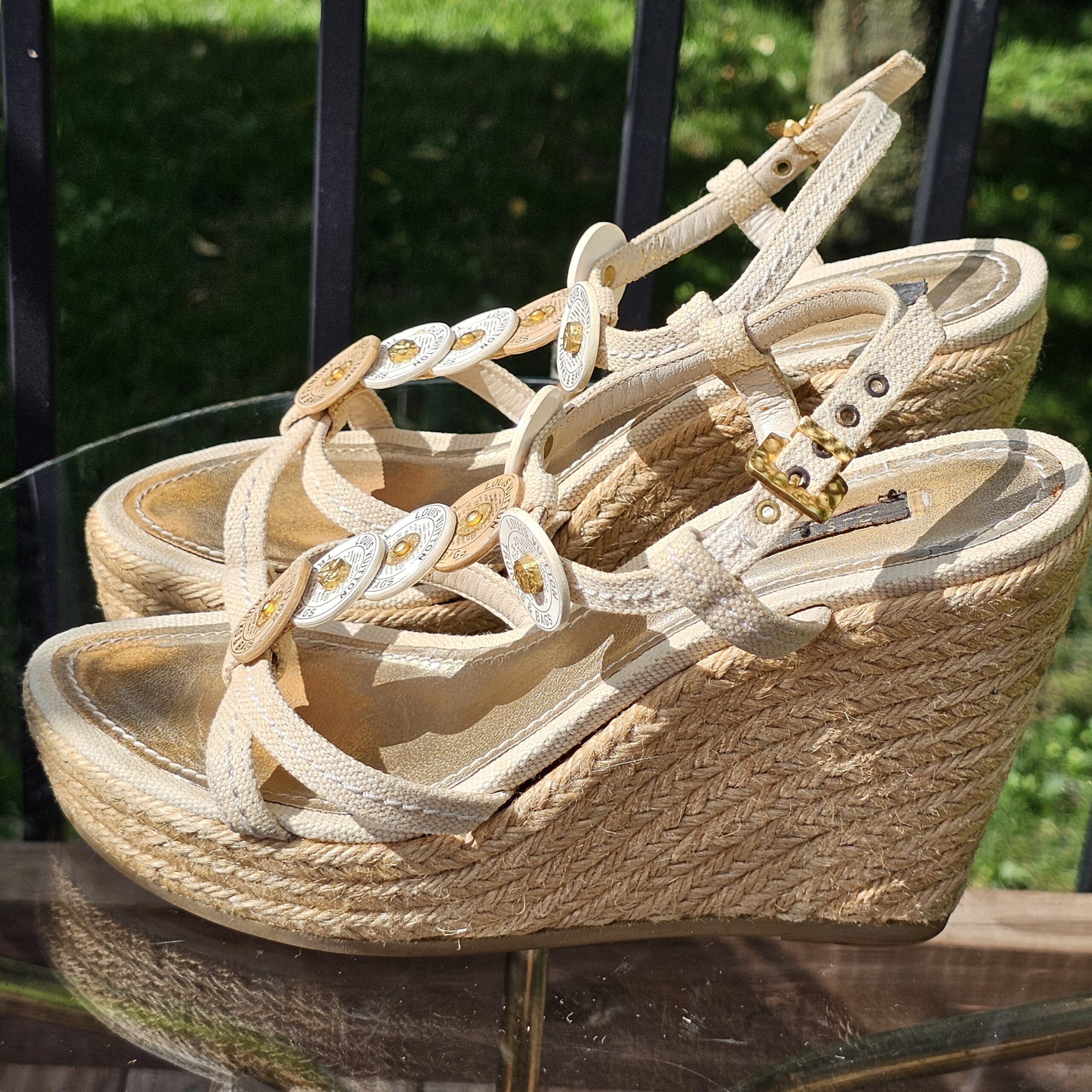 Footbed of the Louis Vuitton Trunks and Bags espadrille wedge sandal shown for condition