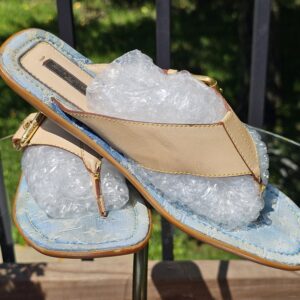 Louis Vuitton Monogram denim thong sandals with light blue denim footbeds and natural leather T-straps