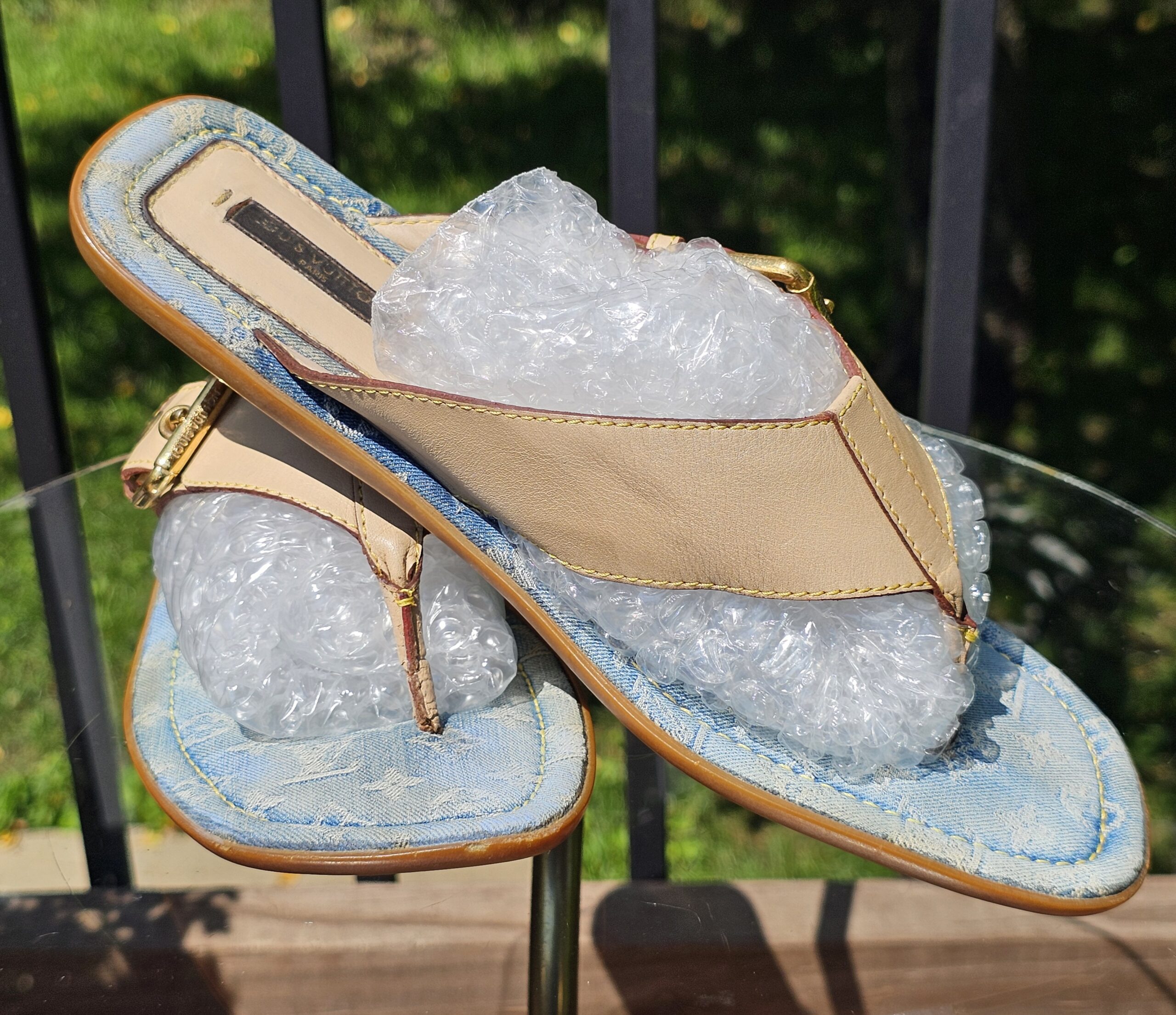 Louis Vuitton Monogram denim thong sandals with light blue denim footbeds and natural leather T-straps