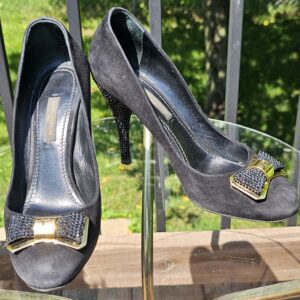 Louis Vuitton suede pumps with crystal embellished bows, gold LV plaques and crystal covered stiletto heels