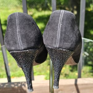 Back of the Louis Vuitton suede pumps showing the crystal covered stiletto heels