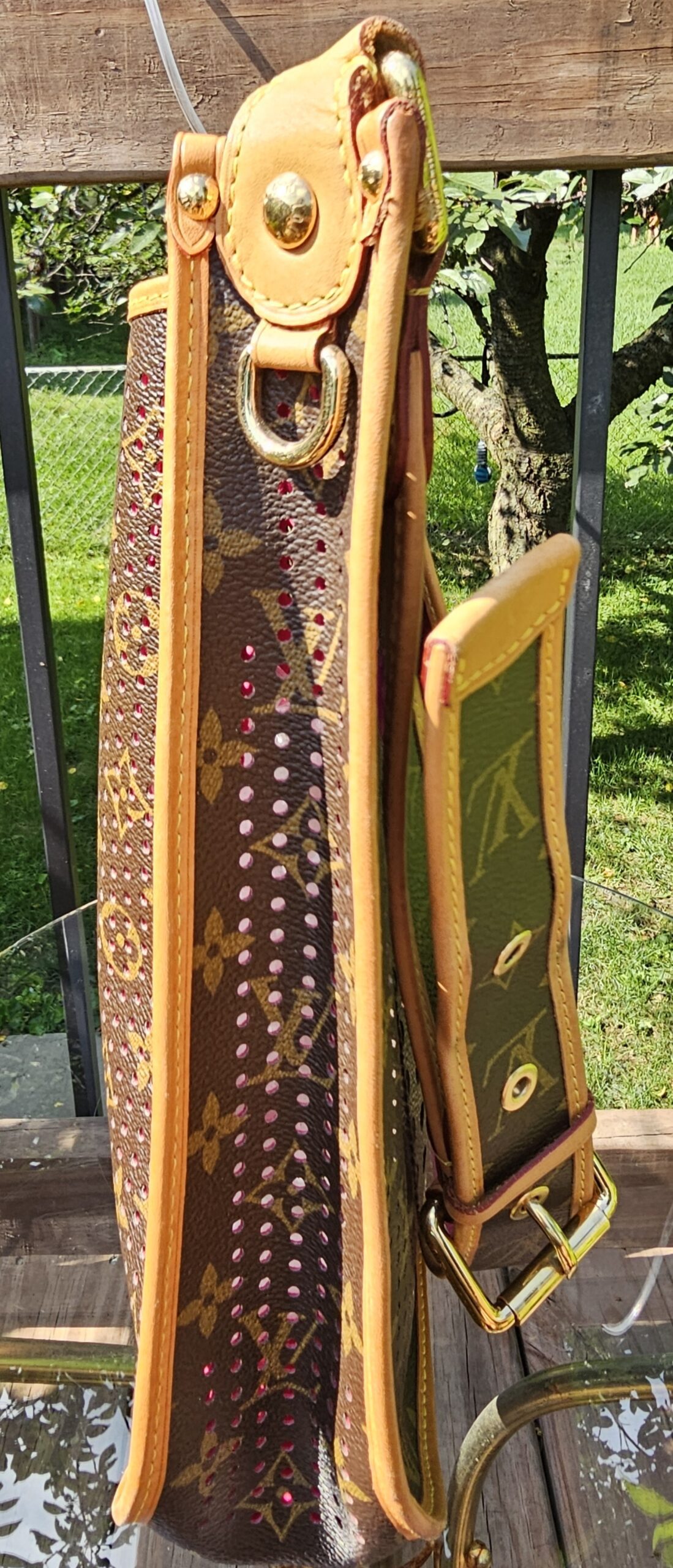 Monogram canvas shoulder strap and vachetta flap of the Louis Vuitton Perforated Musette shown from above