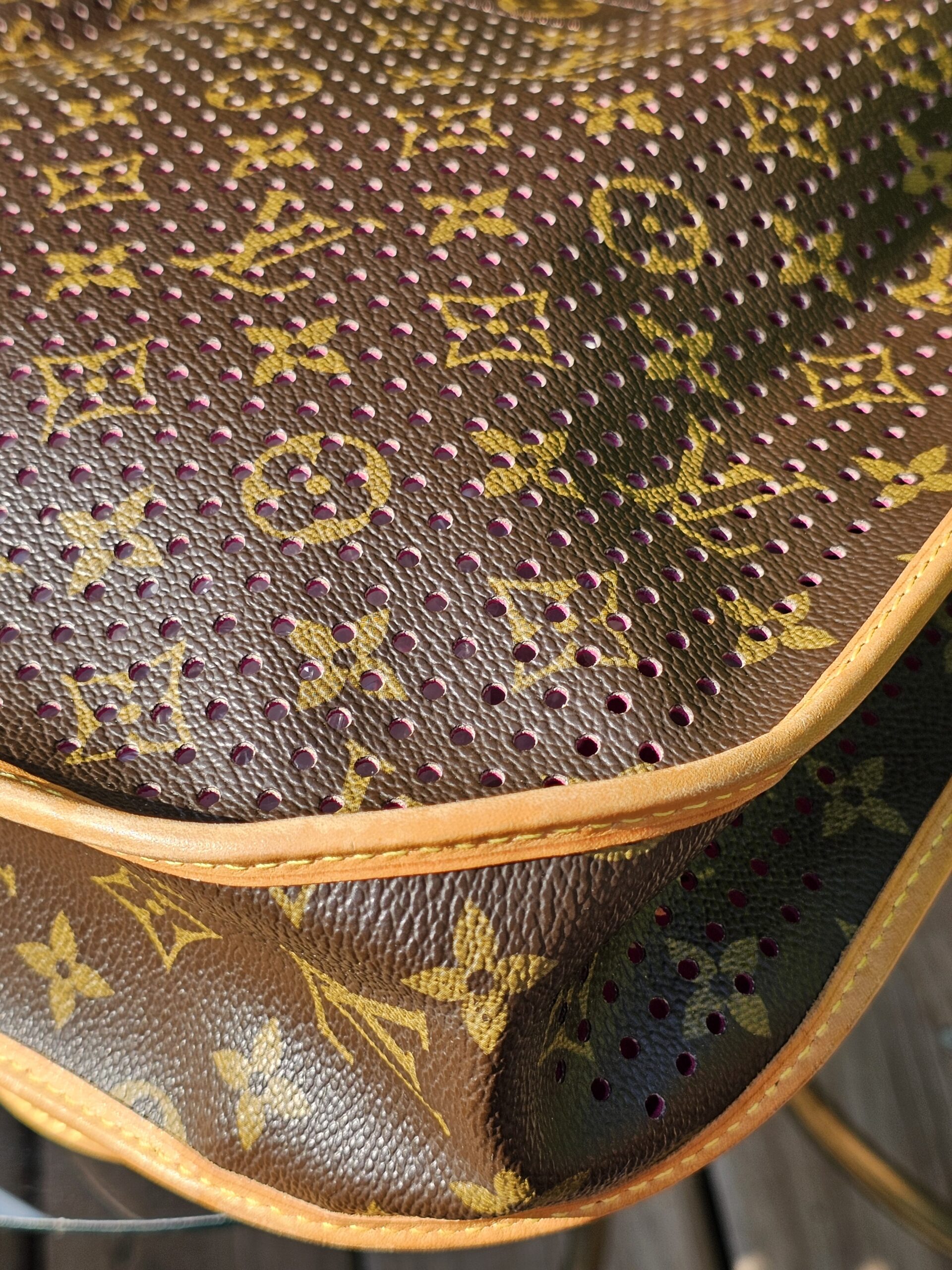 Close-up of the perforated Monogram canvas on the Louis Vuitton Musette