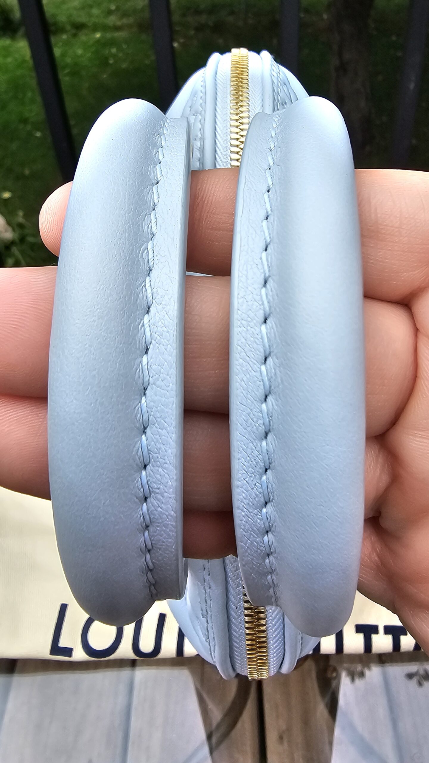Close-up of the soft padded Bubblegram calfskin on the Louis Vuitton Alma BB