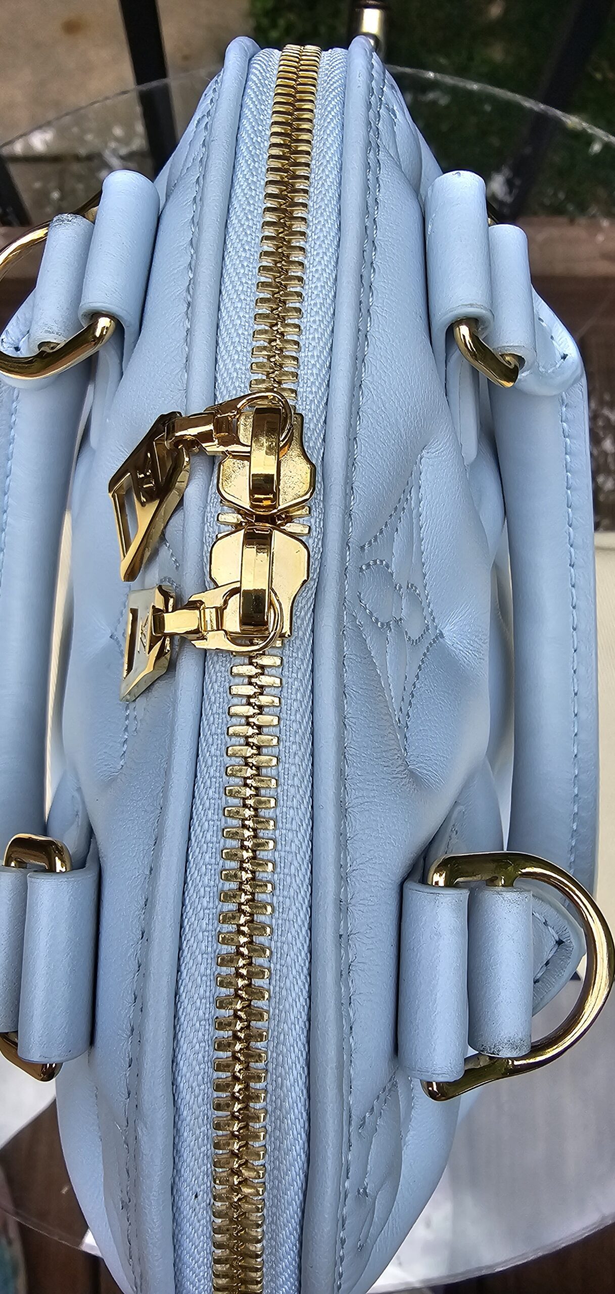Gold-tone D-ring and zip pulls on the side of the Louis Vuitton Bubblegram Alma BB