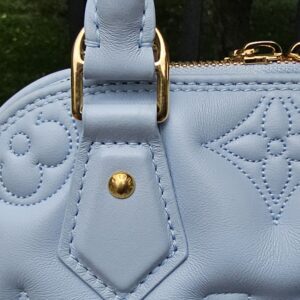 Top handles and gold hardware of the Louis Vuitton Bubblegram Alma BB in Ice Blue