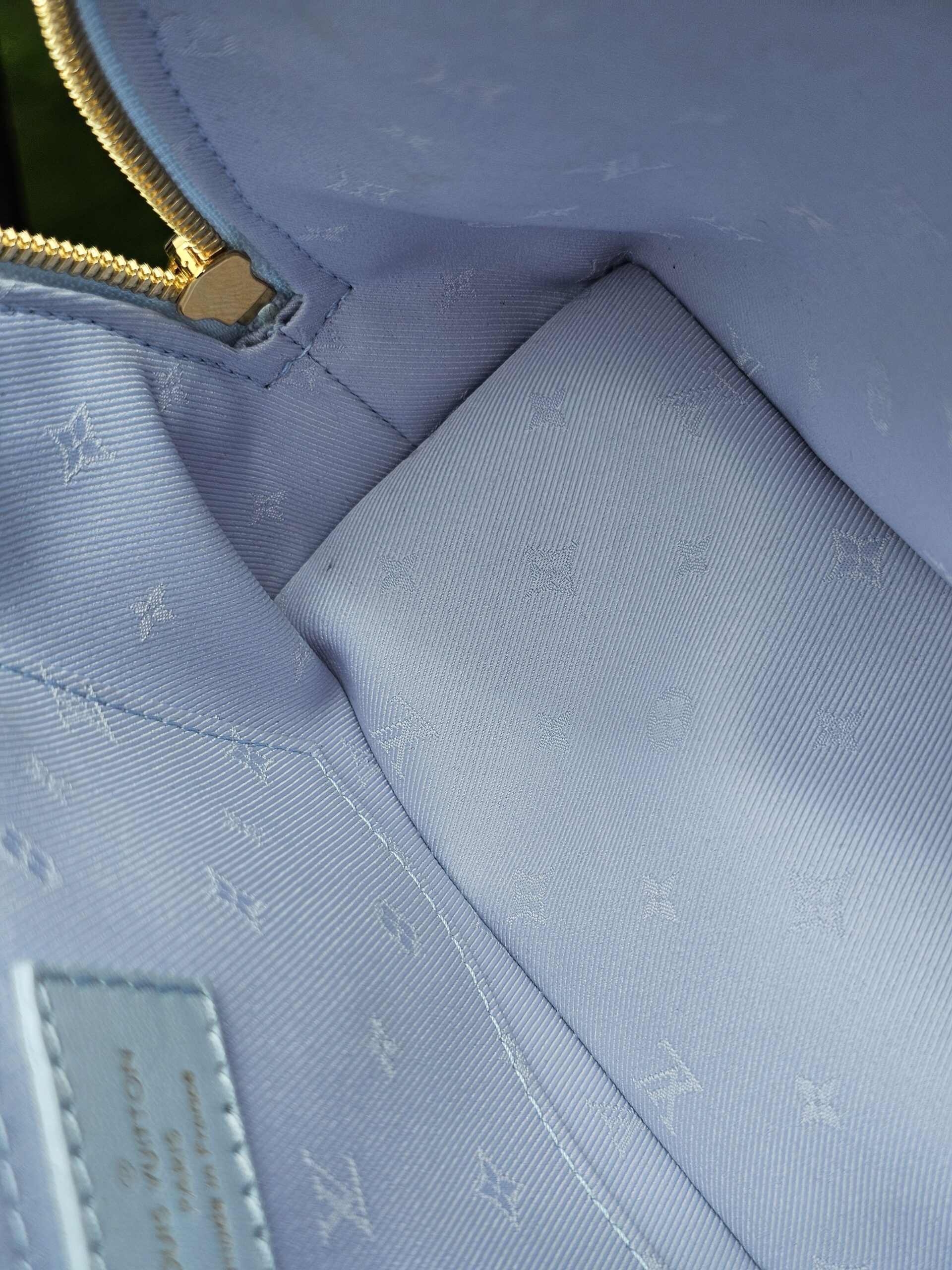 Monogram textile lining inside the Louis Vuitton Bubblegram Alma BB