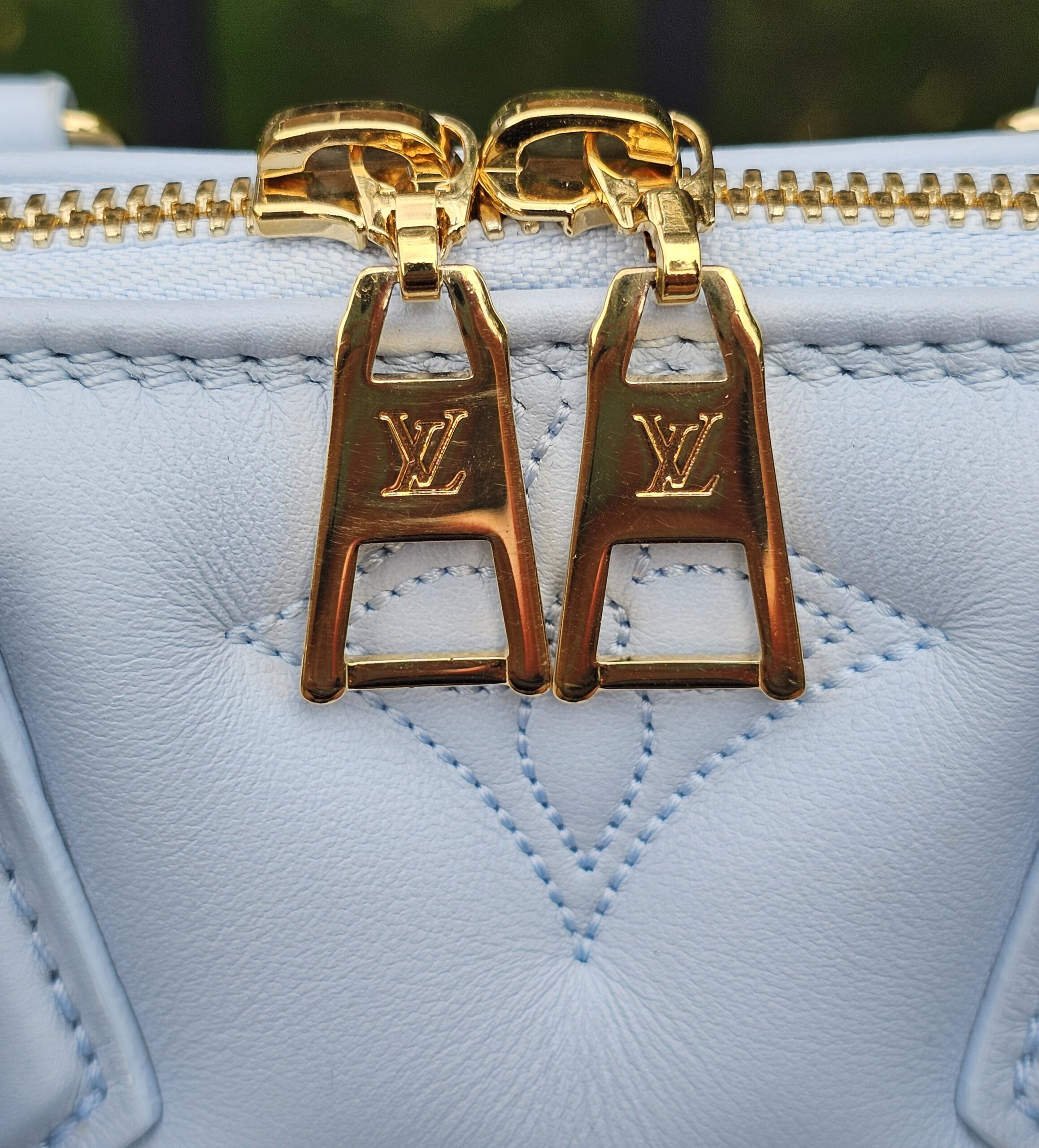 Gold-tone LV engraved zip pulls on the Louis Vuitton Bubblegram Alma BB