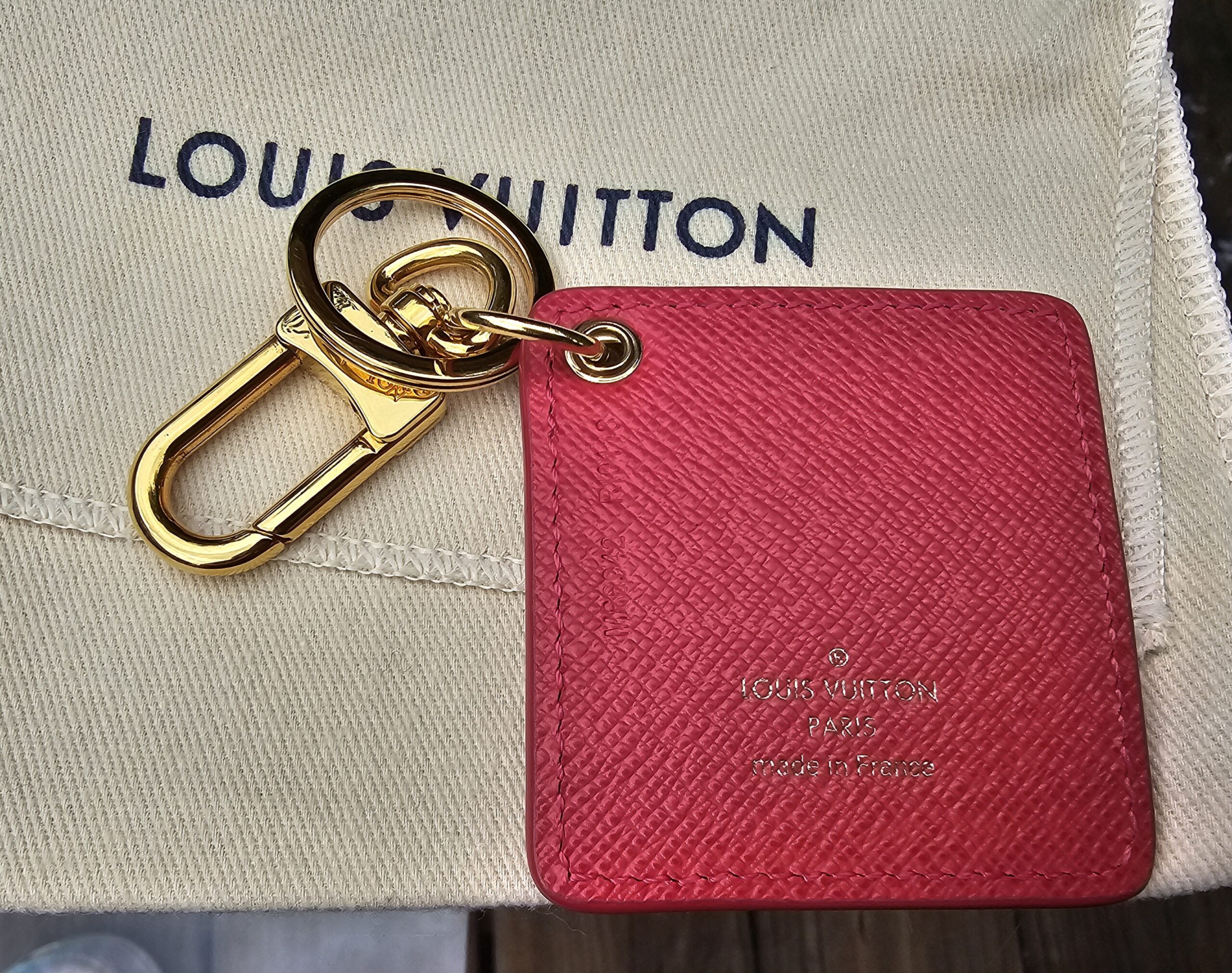 Pink leather reverse of the Louis Vuitton Illustre Carousel charm with gold-tone clasp and key ring