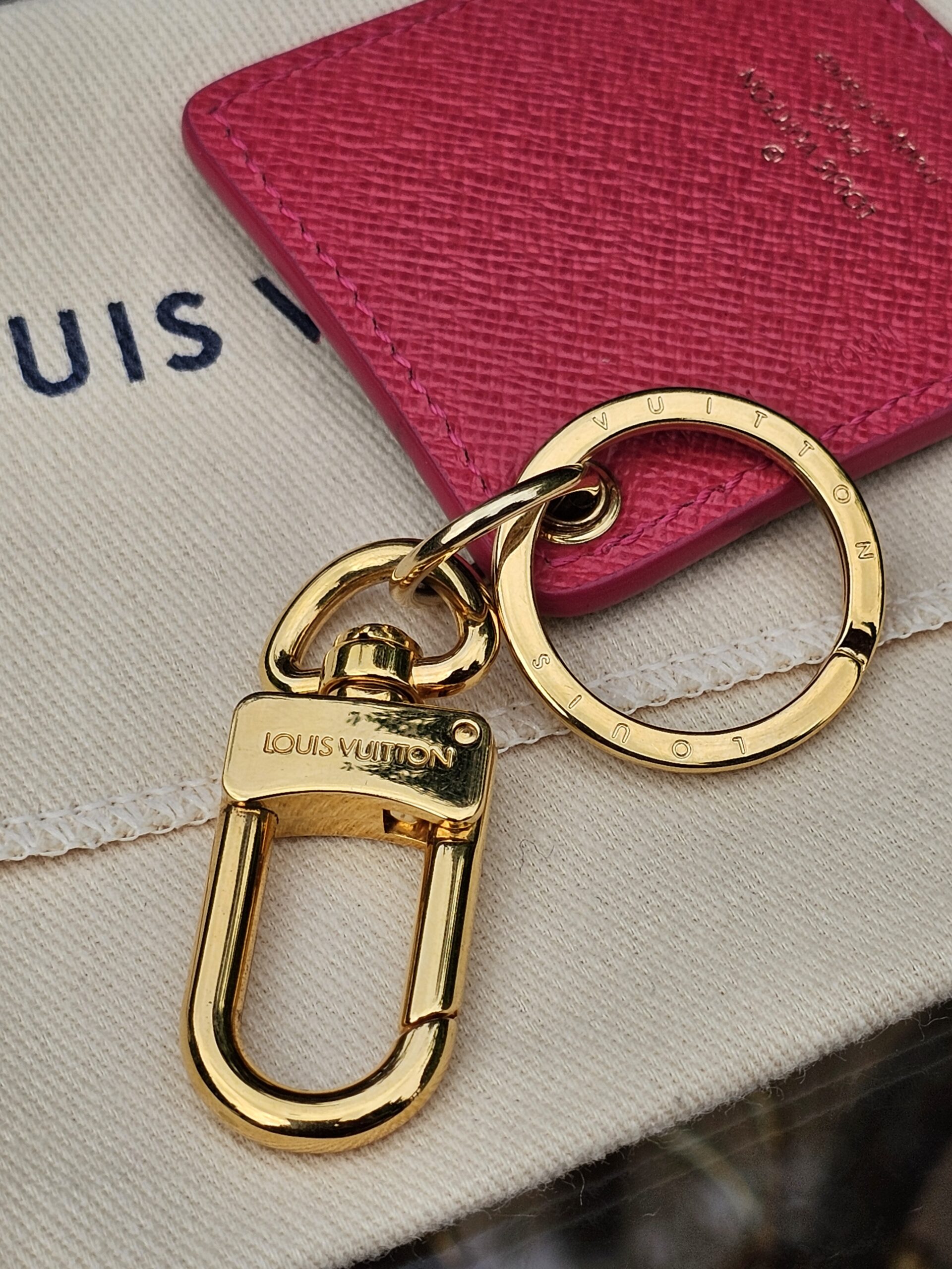 Gold-tone key ring and clasp on the Louis Vuitton Illustre Pink Carousel charm