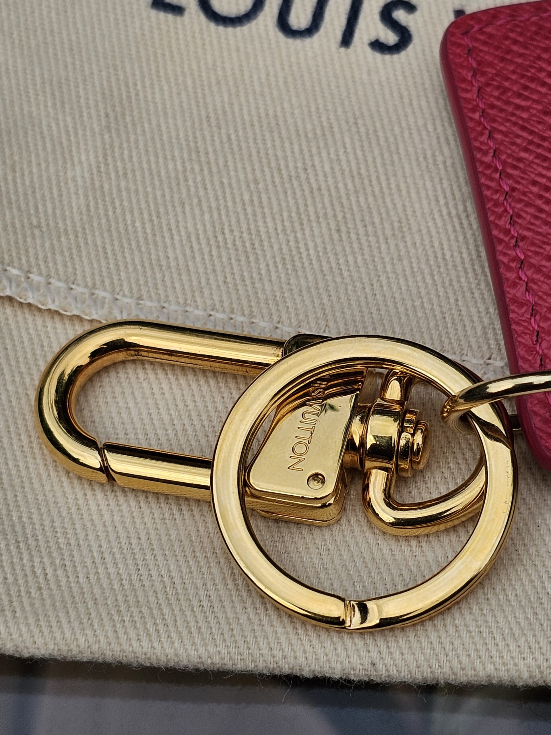Close-up of the gold-tone clasp and ring hardware on the Louis Vuitton Illustre Carousel charm