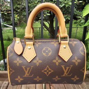 Front view of the Louis Vuitton Nano Speedy Bandouliere in Monogram coated canvas with rolled vachetta handles and gold-tone hardware