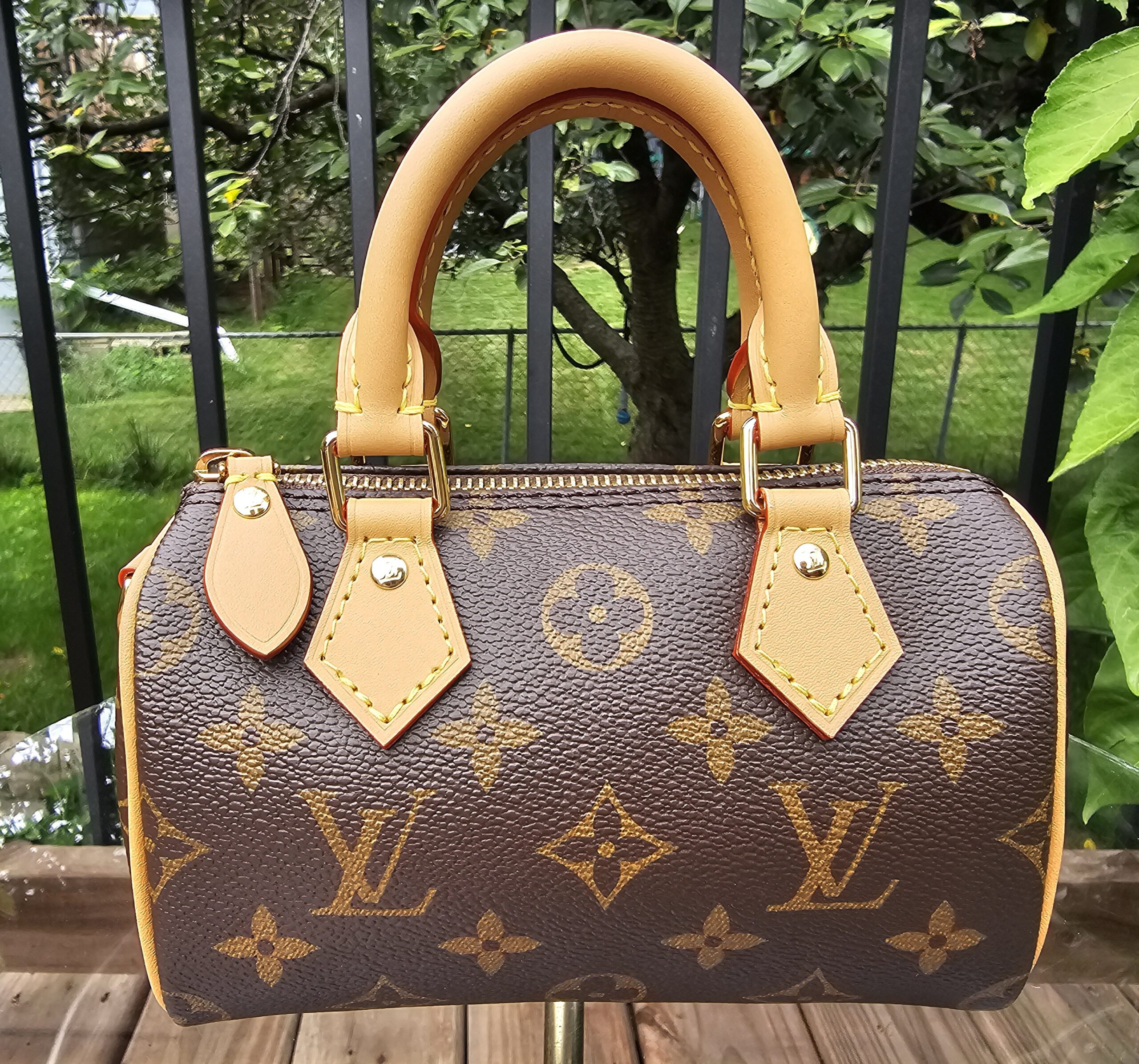 Front view of the Louis Vuitton Nano Speedy Bandouliere in Monogram coated canvas with rolled vachetta handles and gold-tone hardware