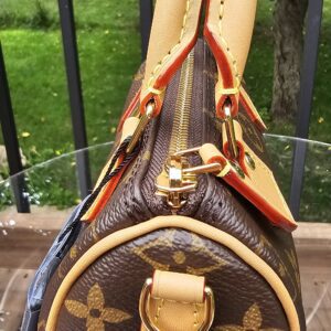 Side of the Louis Vuitton Nano Speedy Bandouliere showing the vachetta leather tab and gold-tone D-ring for the strap
