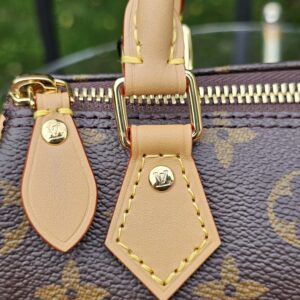 Twin vachetta leather zipper pulls and gold-tone hardware on the Louis Vuitton Nano Speedy Bandouliere