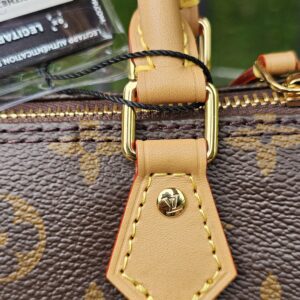 Gold-tone D-ring and stitched vachetta tab detail on the Louis Vuitton Nano Speedy Bandouliere