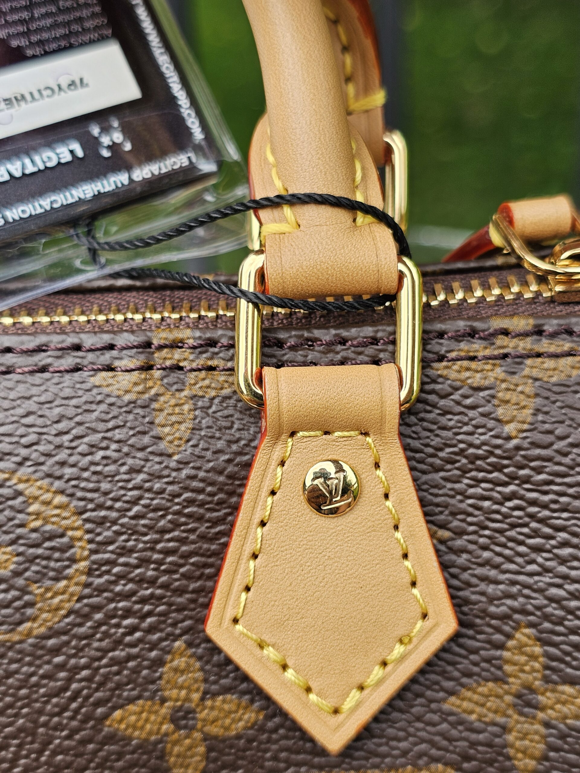 Gold-tone D-ring and stitched vachetta tab detail on the Louis Vuitton Nano Speedy Bandouliere