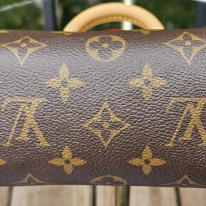 Rounded end panel of the Louis Vuitton Nano Speedy Bandouliere showing the Monogram canvas pattern