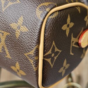 Corner of the Louis Vuitton Nano Speedy Bandouliere showing light vachetta piping over Monogram canvas