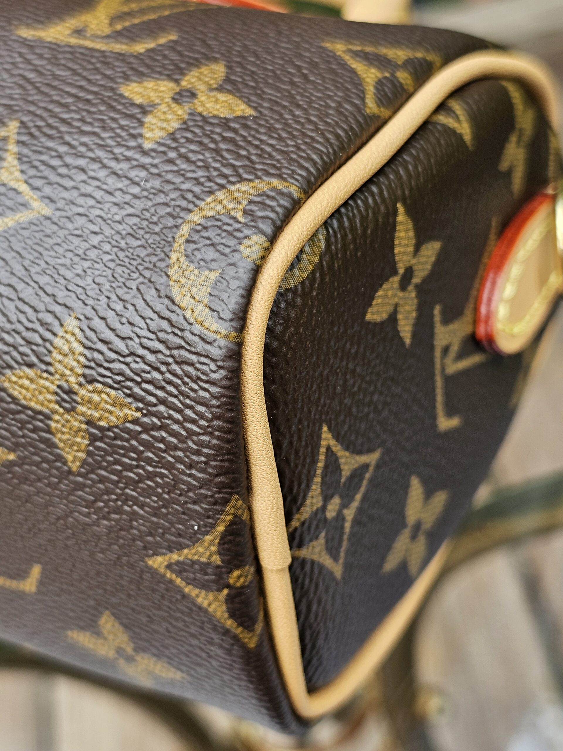 Base corner of the Louis Vuitton Nano Speedy Bandouliere with vachetta piping and Monogram canvas