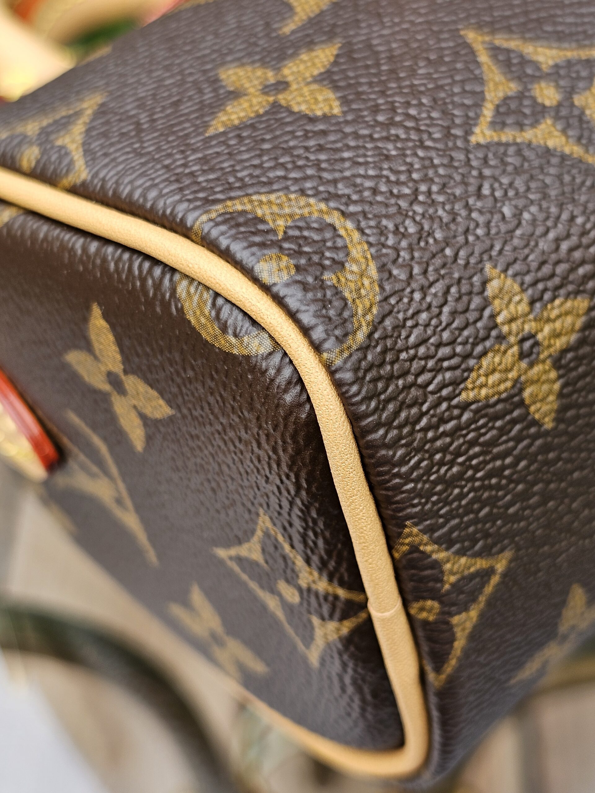 Vachetta piping along the edge of the Louis Vuitton Nano Speedy Bandouliere shown for condition