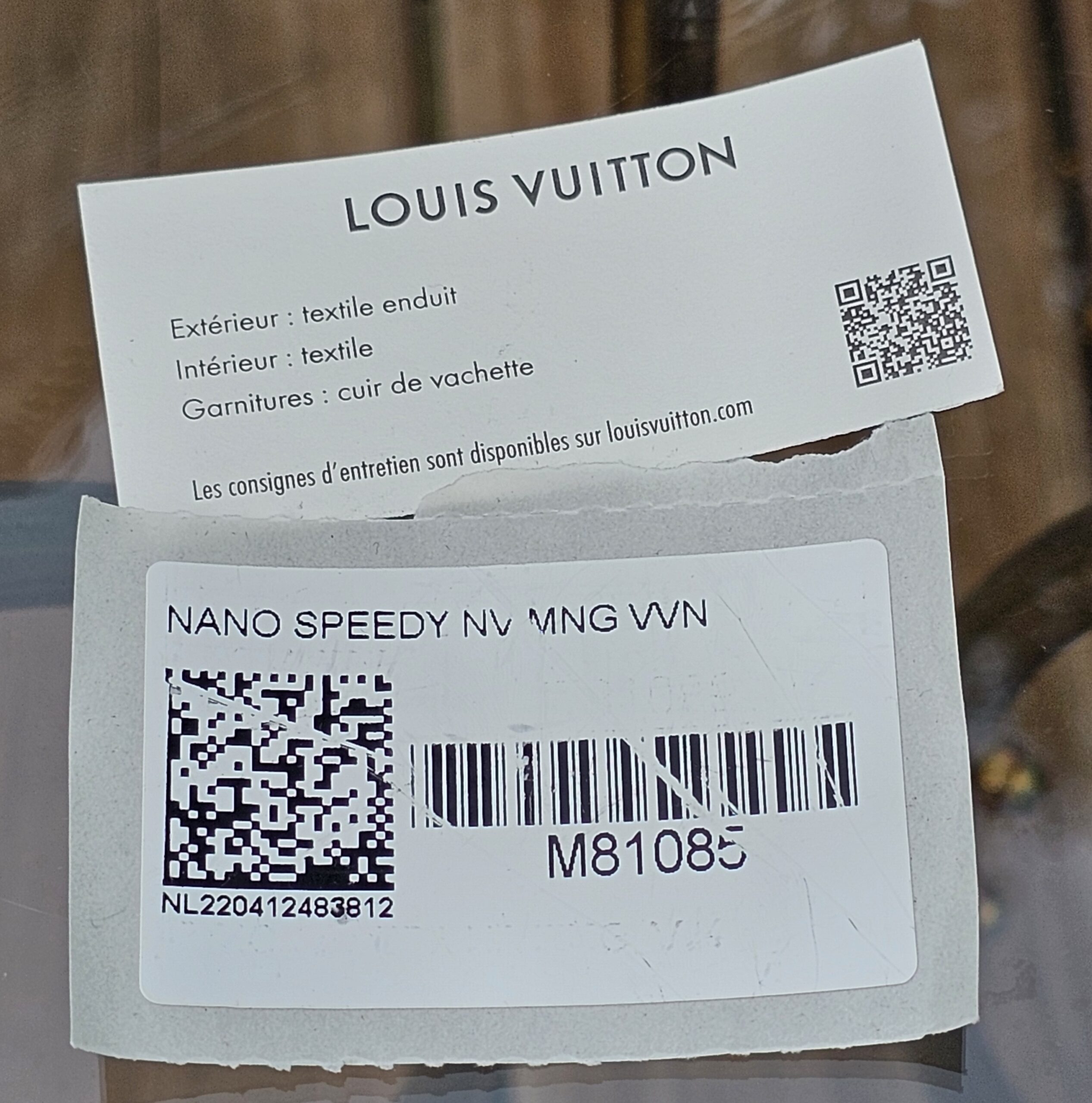 Louis Vuitton care card for the Nano Speedy Bandouliere reading NANO SPEEDY NV MNG VVN with style code M81085
