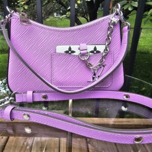 Louis Vuitton Epi Marellini in purple with both detachable straps and matching coin pouch laid out